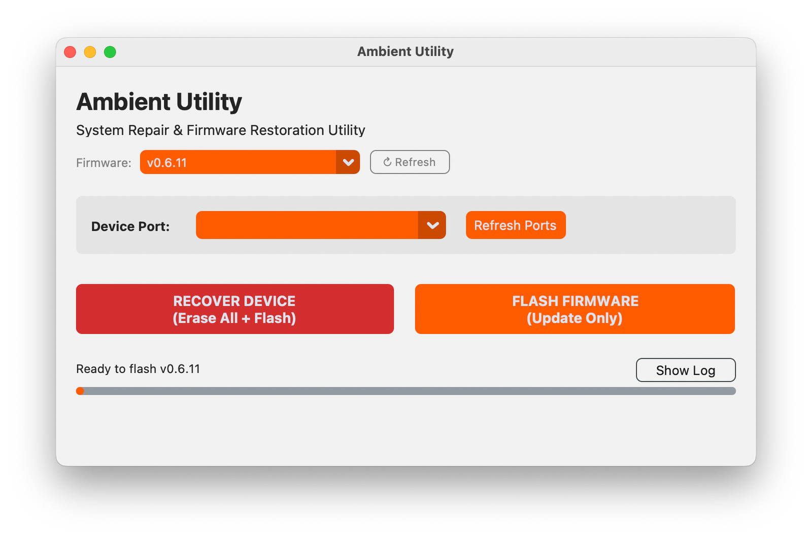 Software interface for system repair and firmware restoration on a white background