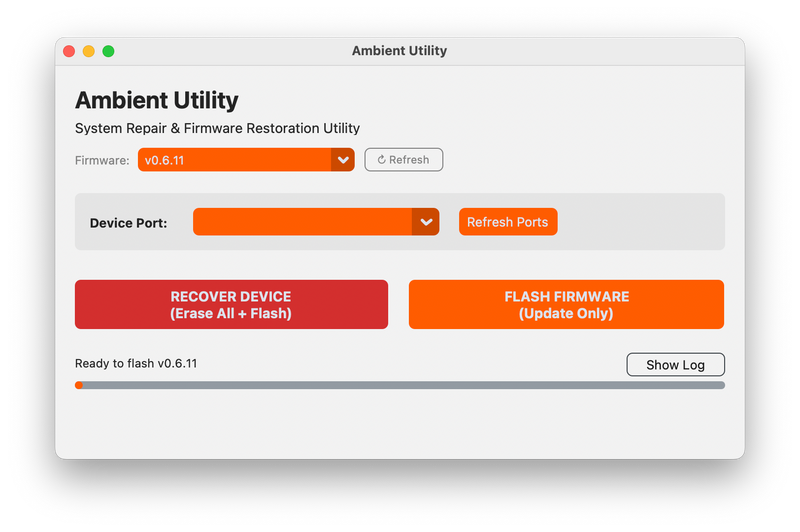 Software interface for system repair and firmware restoration on a white background